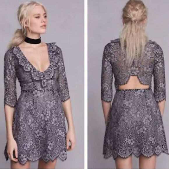 NWOT For Love and Lemons Theodora Black Gray Floral Lace Dress Large Wedding - Picture 8 of 12